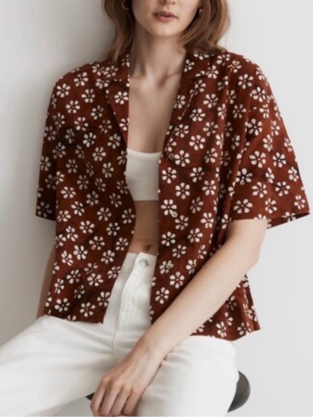 Madwell Floral Button-Up Short Sleeve Top - Brown - Picture 1 of 7
